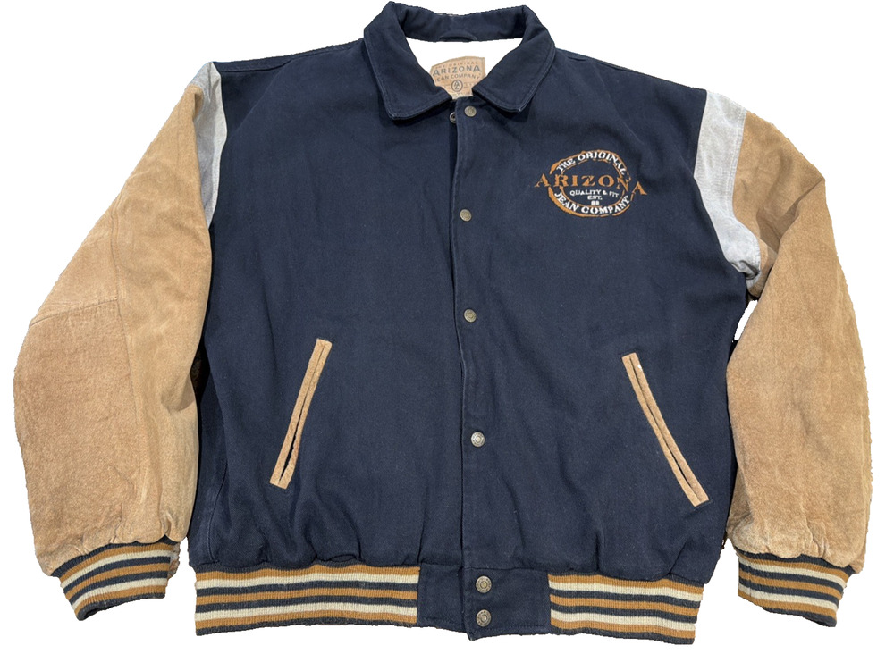Arizona Jean Co Suede Sleeve Varsity Jacket Large Tall Navy Tan